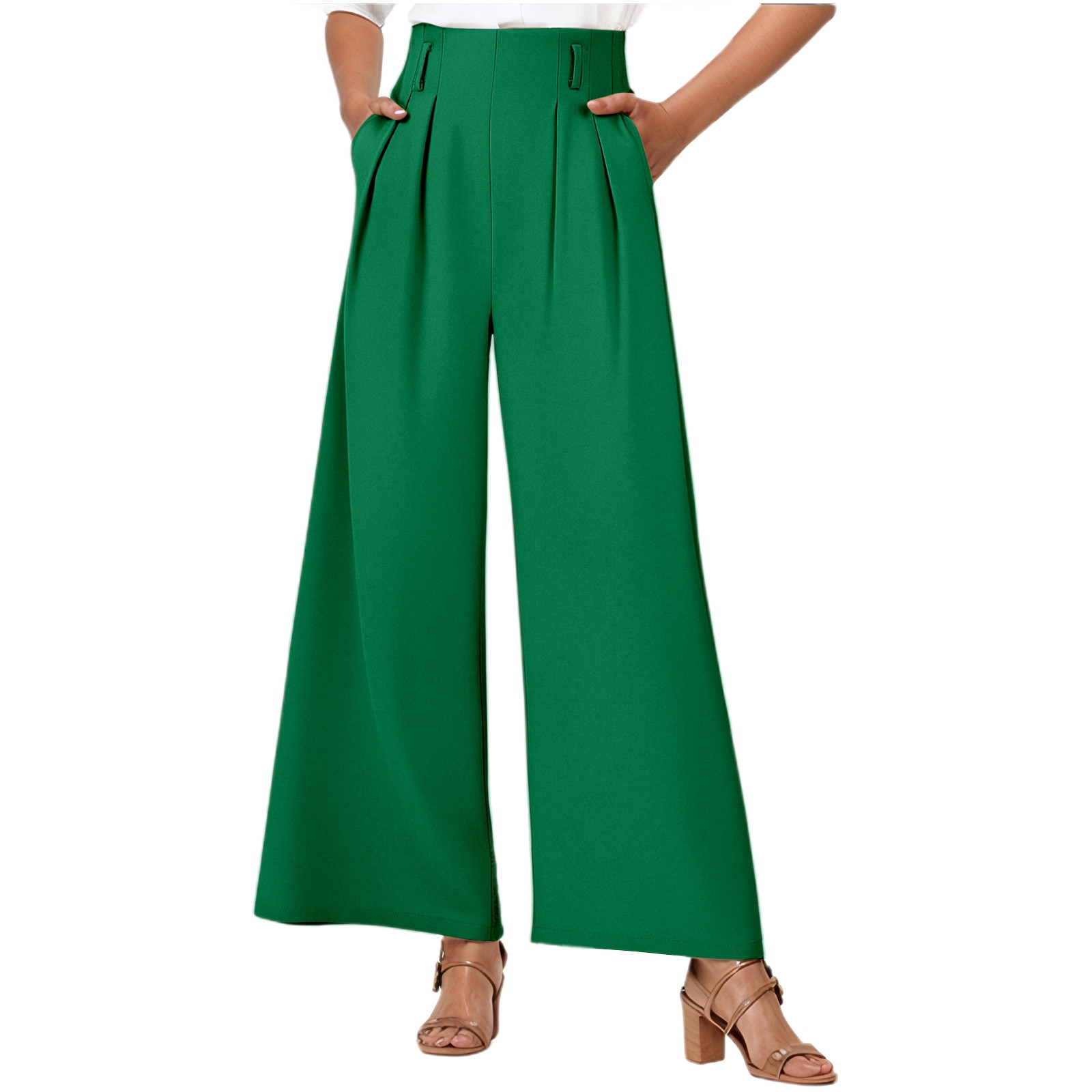 thumbnail image 2 of Pantalones anchos con pliegues y textura de cintura alta para mujer: cintura alta, corte holgado, versátiles para ocasiones informales/formales, 2 of 4